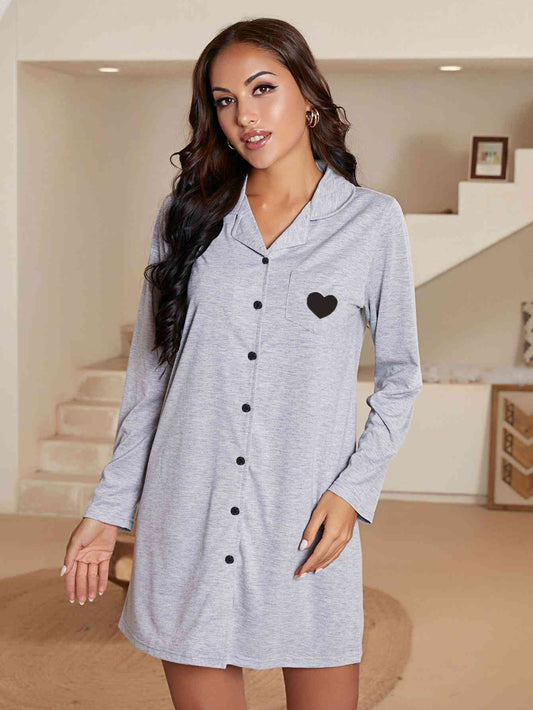 Lapel Collar Long Sleeve Night Dress