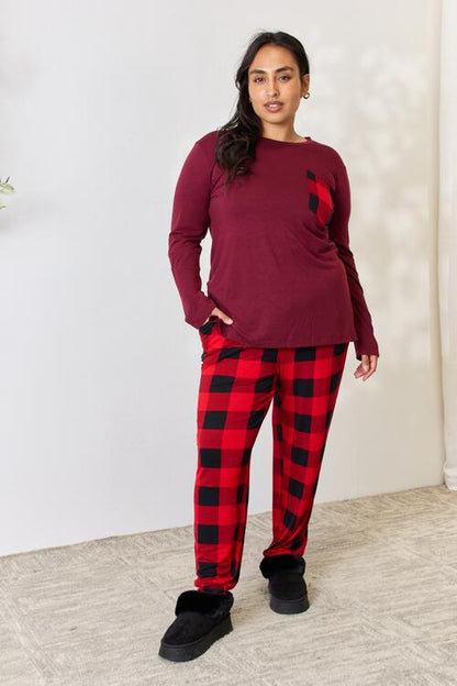 Full Size Plaid Round Neck Top and Pants Pajama Set