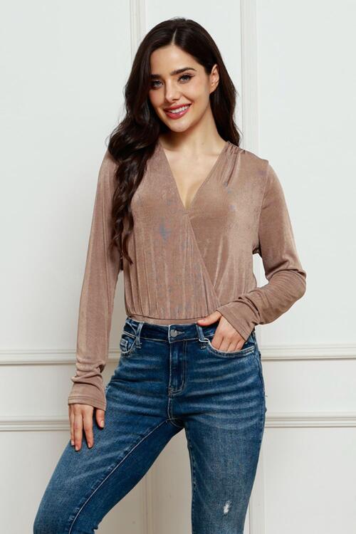 V-Neck Long Sleeve Sheer Bodysuit