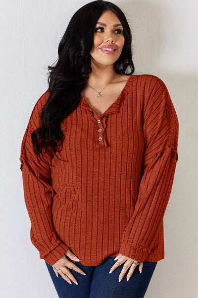 Full Size Ribbed Half Button Long Sleeve T-Shirt