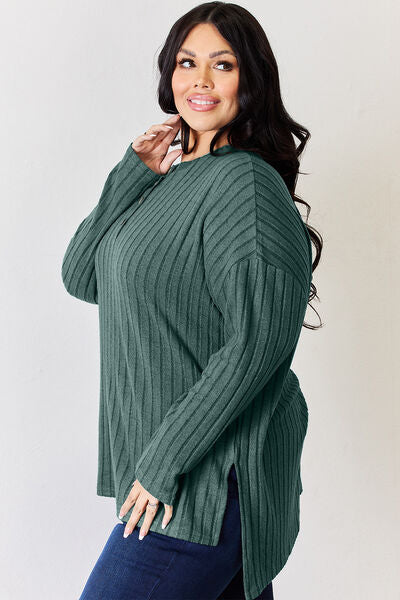 Full Size Ribbed Half Button Long Sleeve High-Low T-Shirt