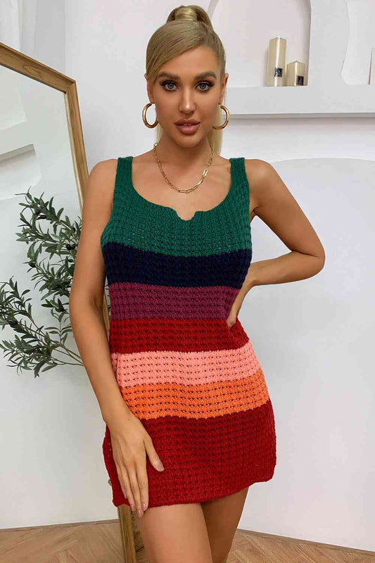 Color Block Notched Neck Slit Sweater Dress