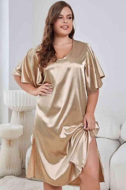 Plus Size Flutter Sleeve V-Neck Side Slit Night Gown