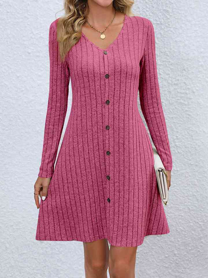 V-Neck Long Sleeve Mini Sweater Dress