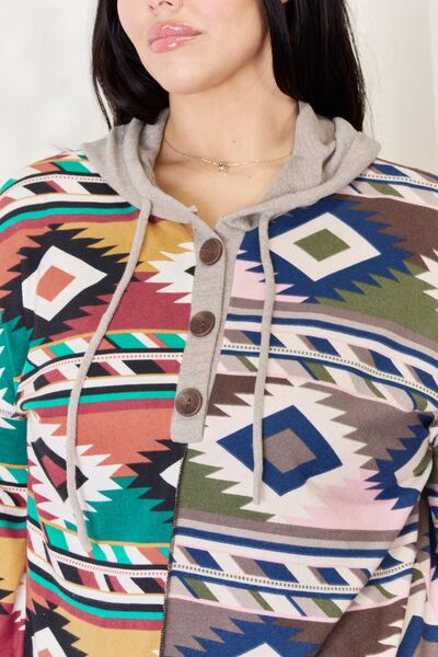 Celeste Full Size Geometric Exposed Seam Drawstring Hoodie