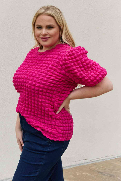 Full Size Bubble Textured Puff Sleeve Top