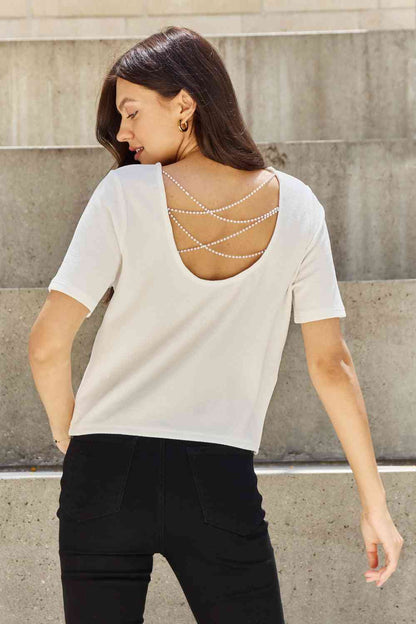 Full Size Crisscross Pearl Detail Open Back T-Shirt