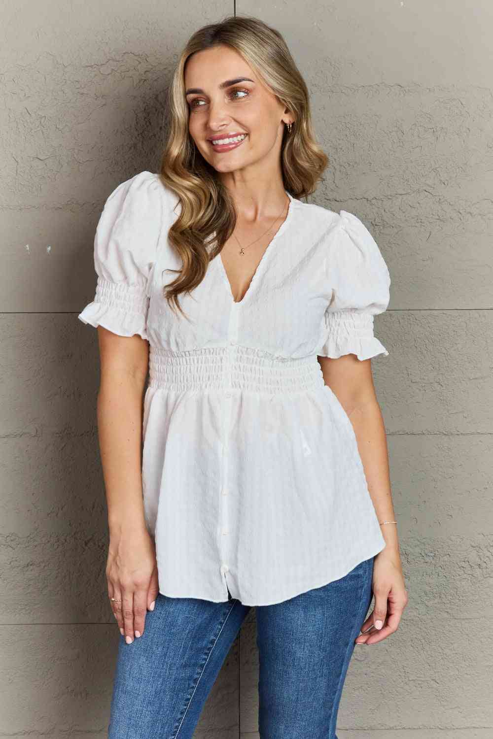 Culture Code Sweet Serenity  Full Size V-Neck Puff Sleeve Button Down Top