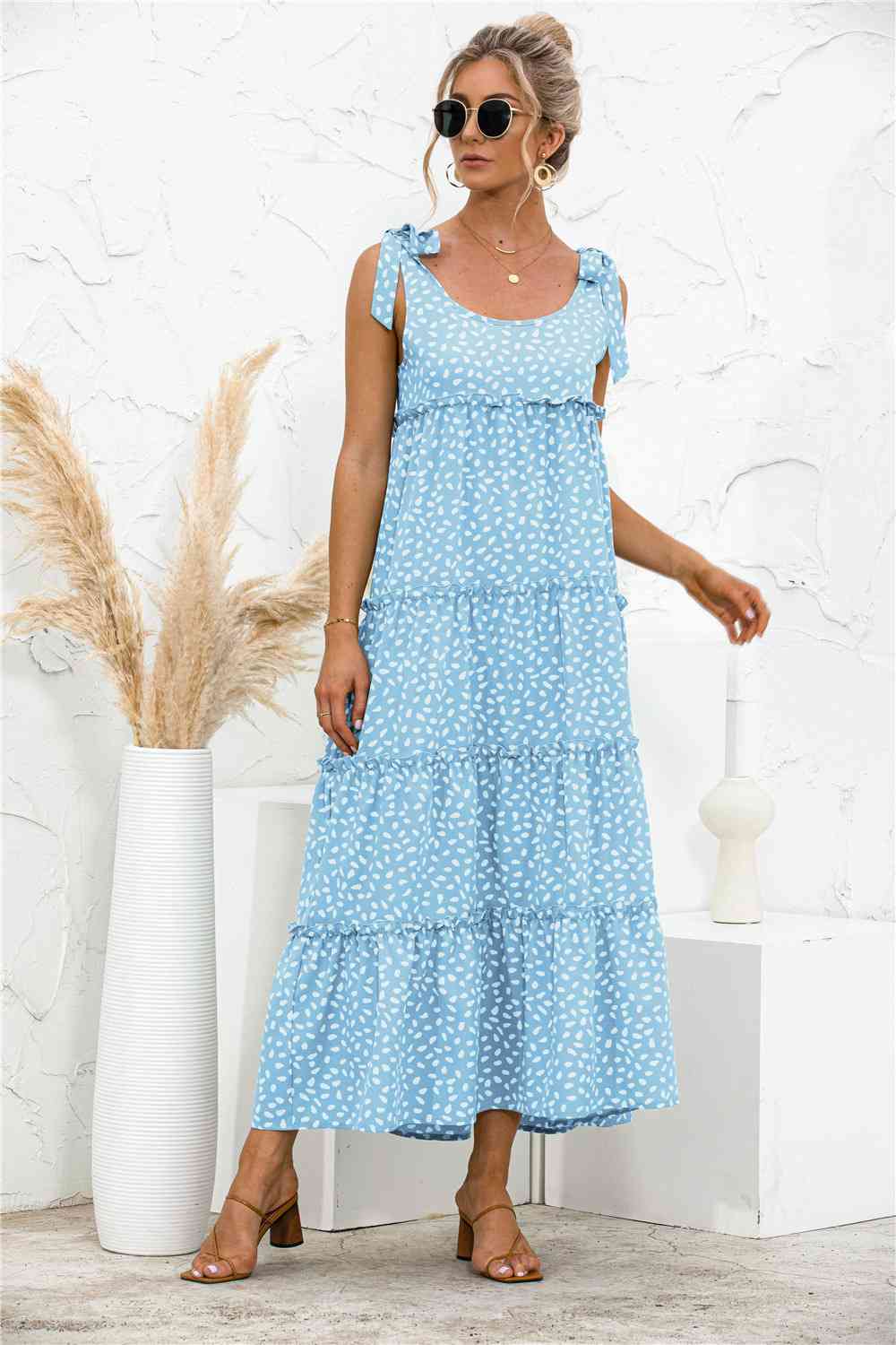 Polka Dot Adjustable Straps Tiered Dress