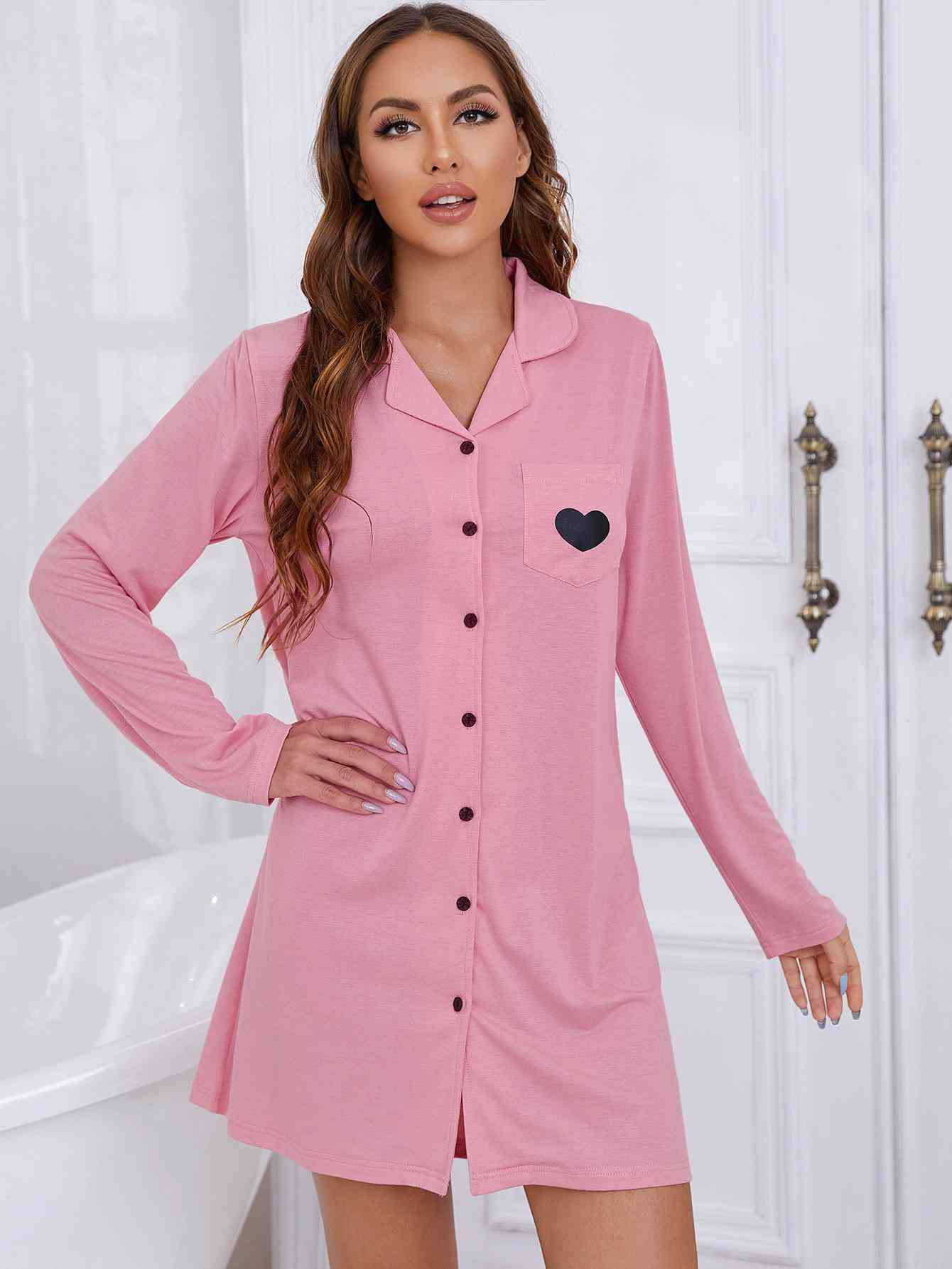 Lapel Collar Long Sleeve Night Dress