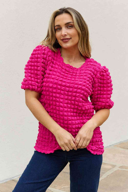 Full Size Bubble Textured Puff Sleeve Top