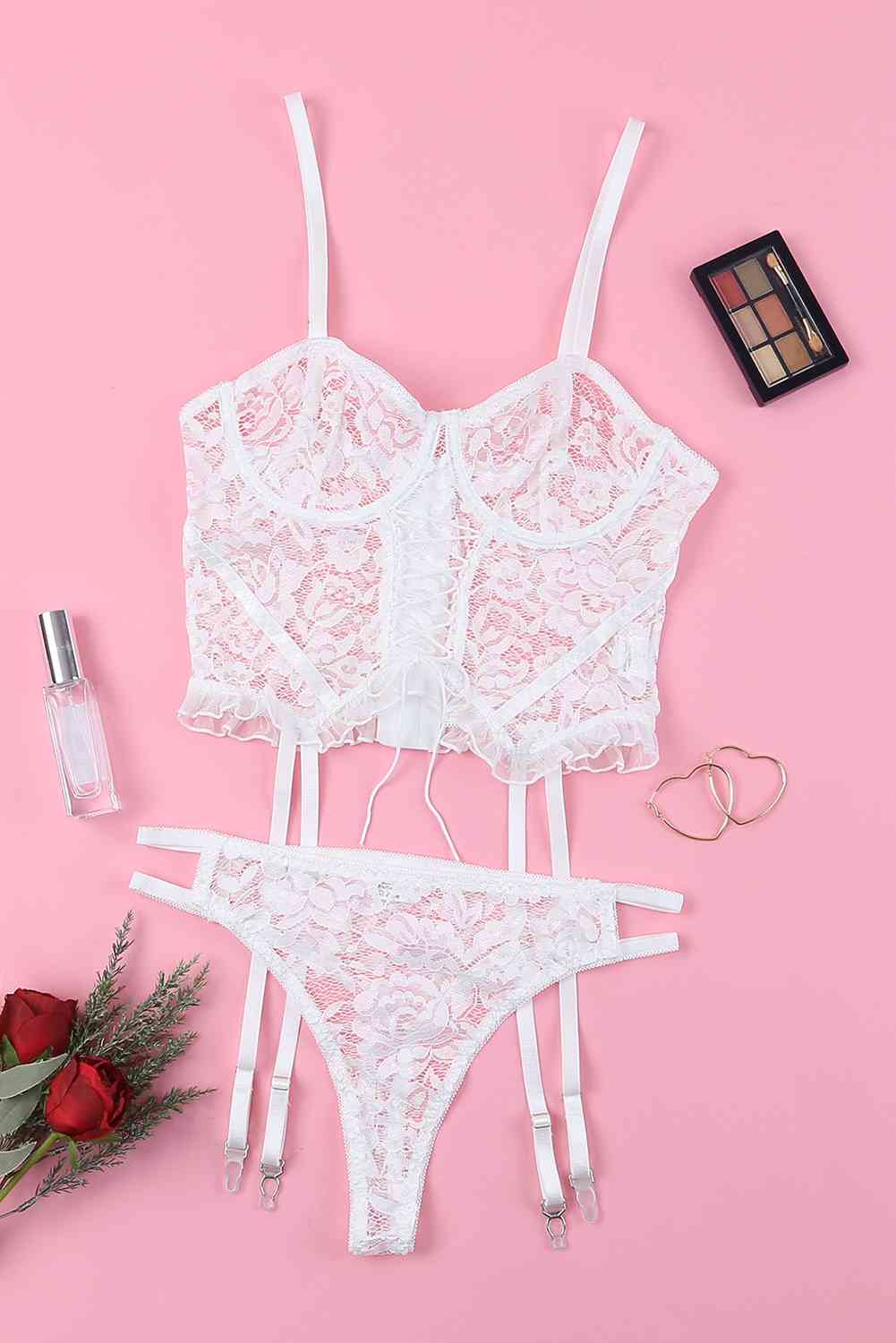 Laced-Up Frill Trim Lingerie Set