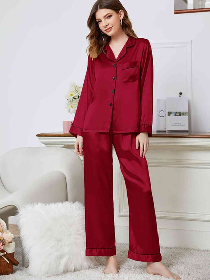 Lapel Collar Long Sleeve Top and Pants Pajama Set