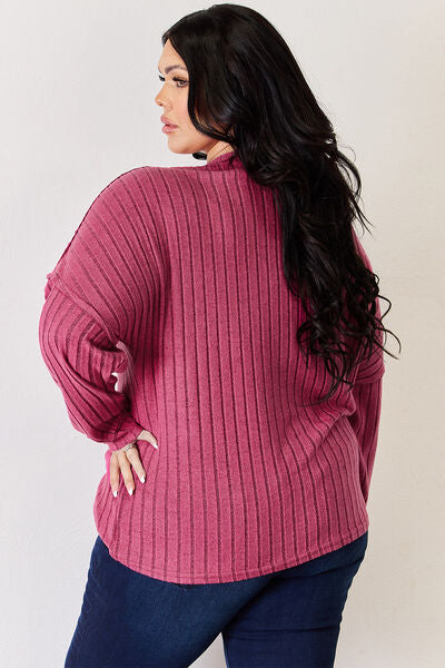 Full Size Ribbed Half Button Long Sleeve High-Low T-Shirt