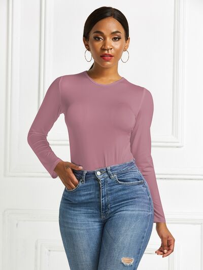 Round Neck Long Sleeve Stretchy Bodysuit