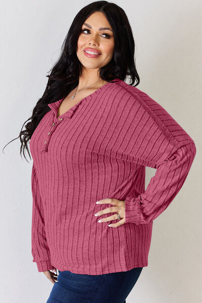 Full Size Ribbed Half Button Long Sleeve T-Shirt