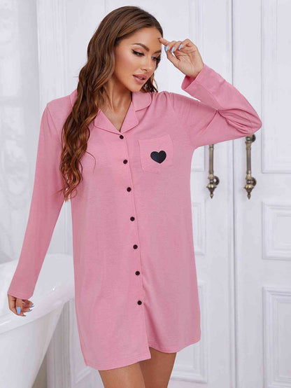 Lapel Collar Long Sleeve Night Dress