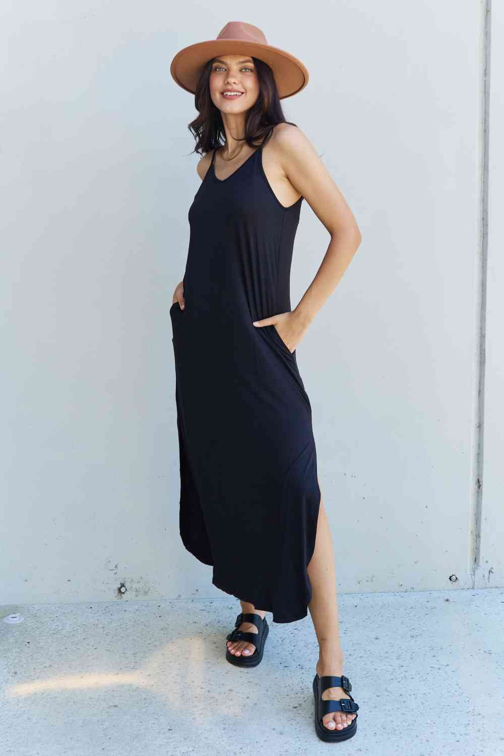 Full Size Cami Side Slit Maxi Dress in Black