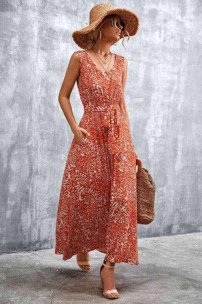 Printed V-Neck Tie Waist Maxi Dress