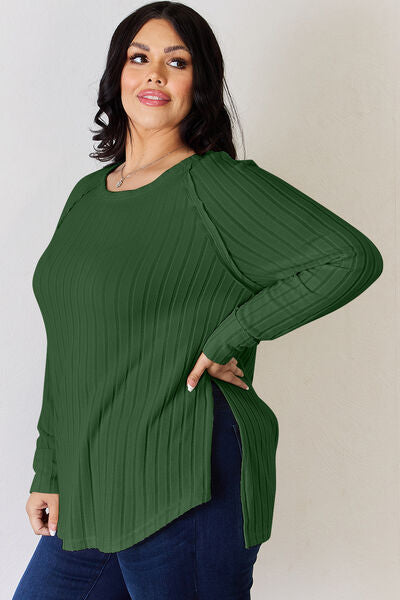 Full Size Ribbed Round Neck Slit T-Shirt