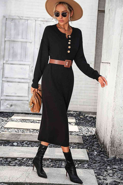 Notched Neck Dropped Shoulder Button-Down Midi Sweater Dress