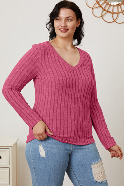 Full Size Ribbed V-Neck Long Sleeve T-Shirt