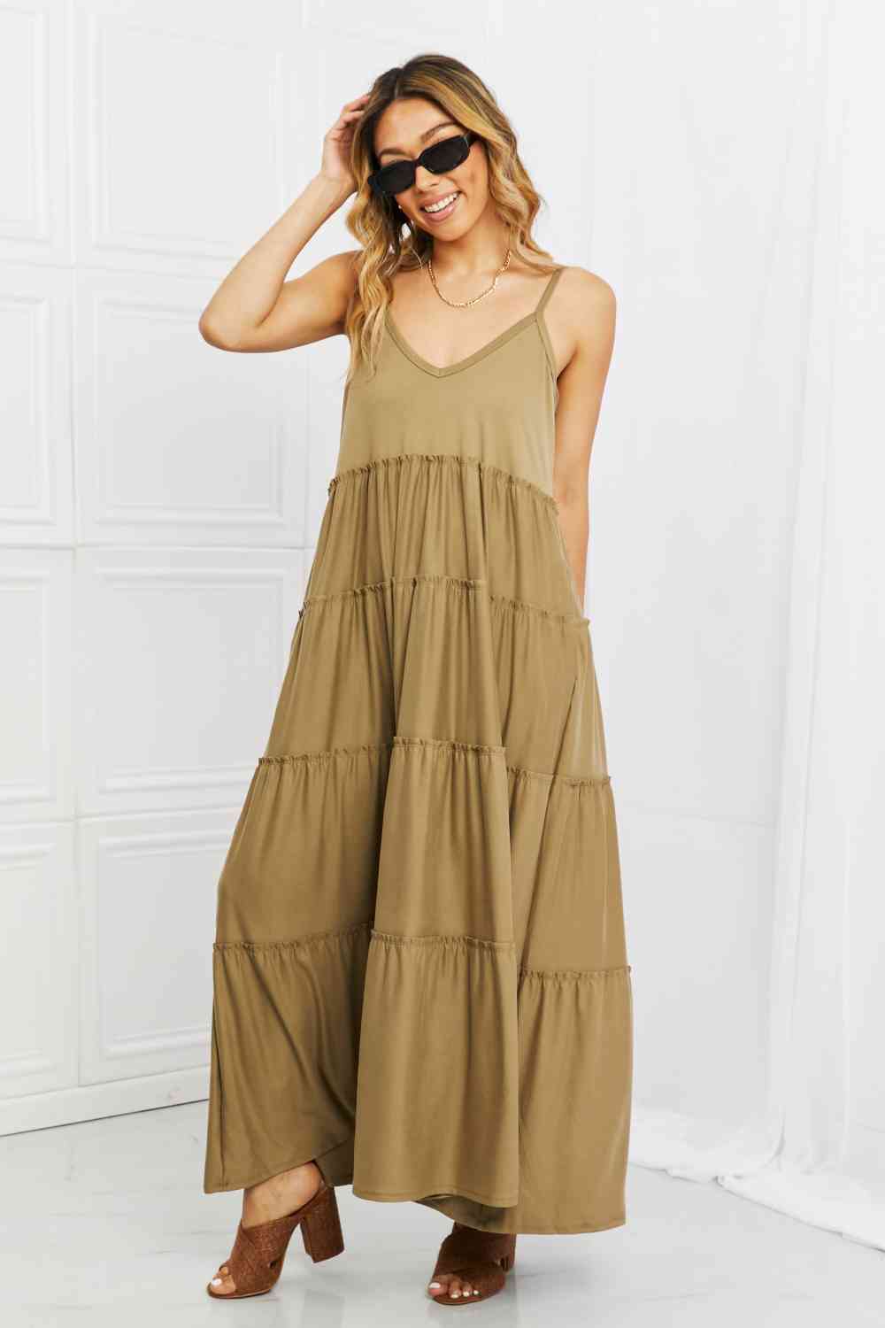 Full Size Spaghetti Strap Tiered Dress with Pockets in Khaki