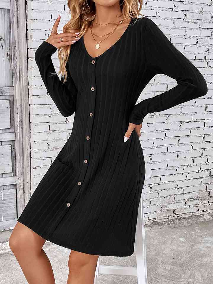 V-Neck Long Sleeve Mini Sweater Dress