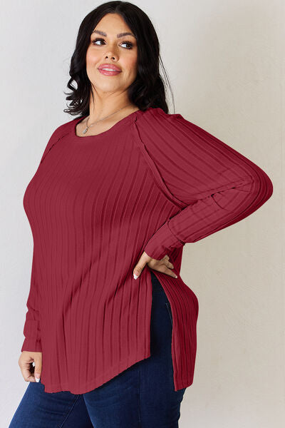 Full Size Ribbed Round Neck Slit T-Shirt