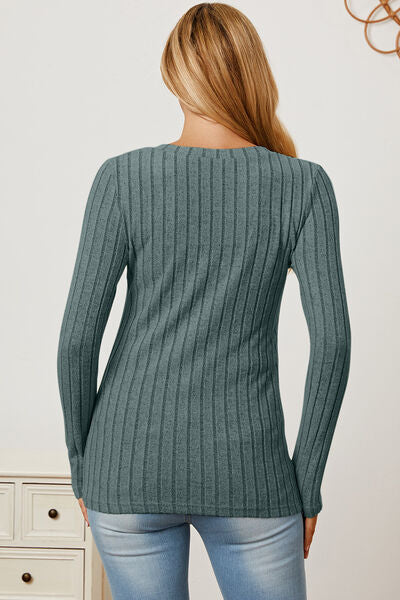 Full Size Ribbed V-Neck Long Sleeve T-Shirt