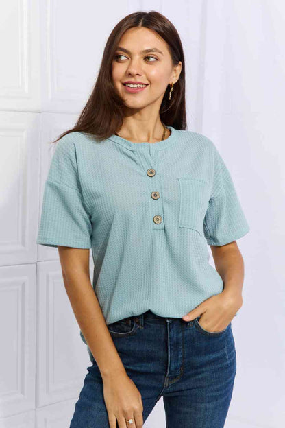 Heimish Made For You Full Size 1/4 Button Down Waffle Top in Blue