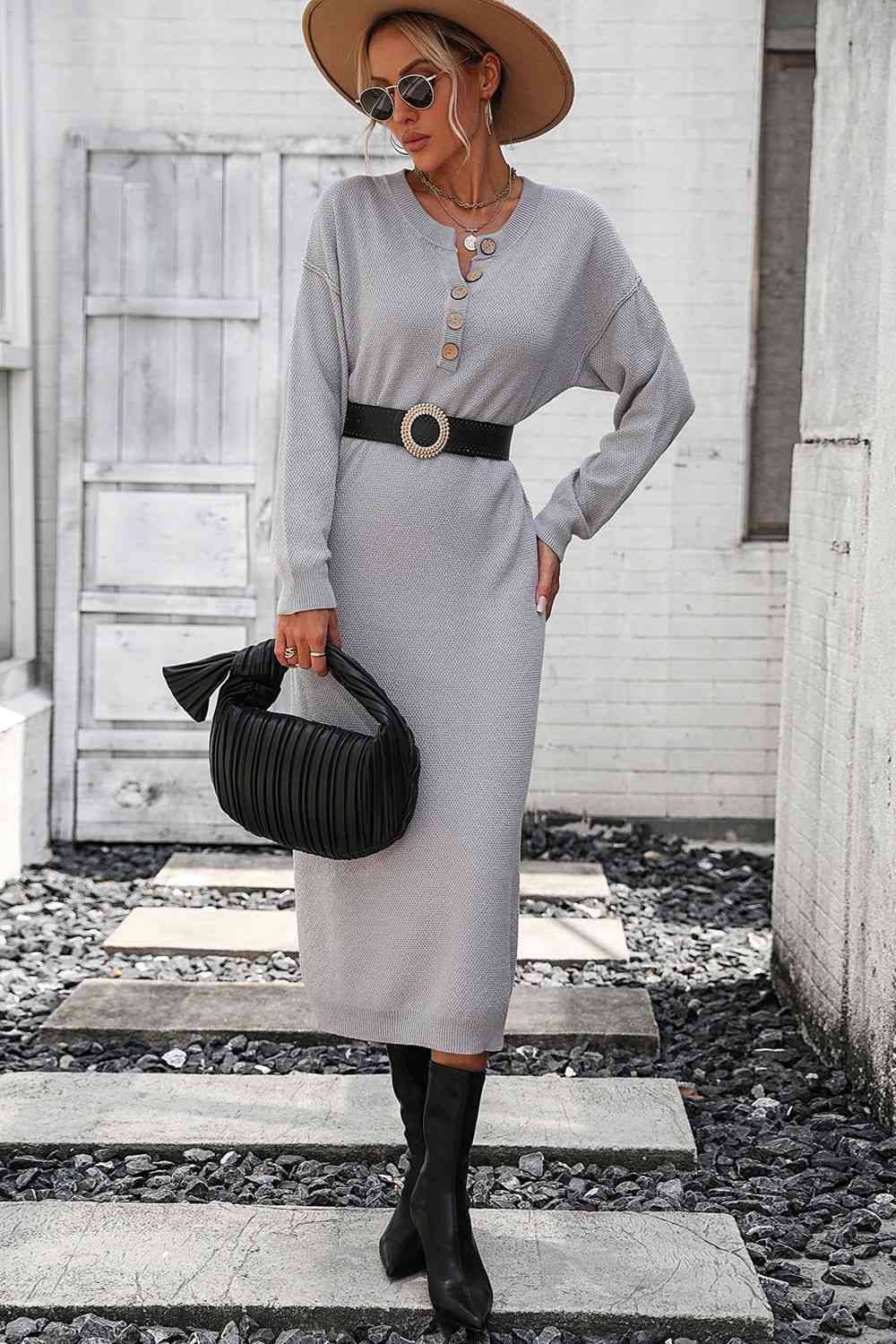 Notched Neck Dropped Shoulder Button-Down Midi Sweater Dress