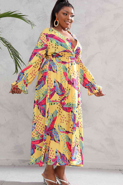 Plus Size Printed Flounce Sleeve Maxi Dress