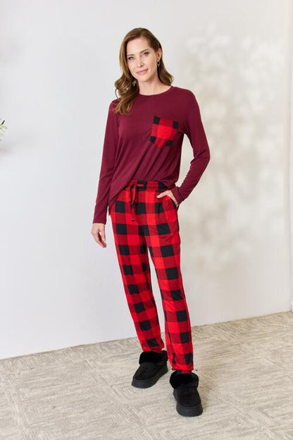 Full Size Plaid Round Neck Top and Pants Pajama Set