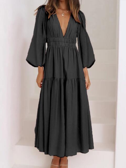 Deep V-Neck Balloon Sleeve Plain Maxi Dress