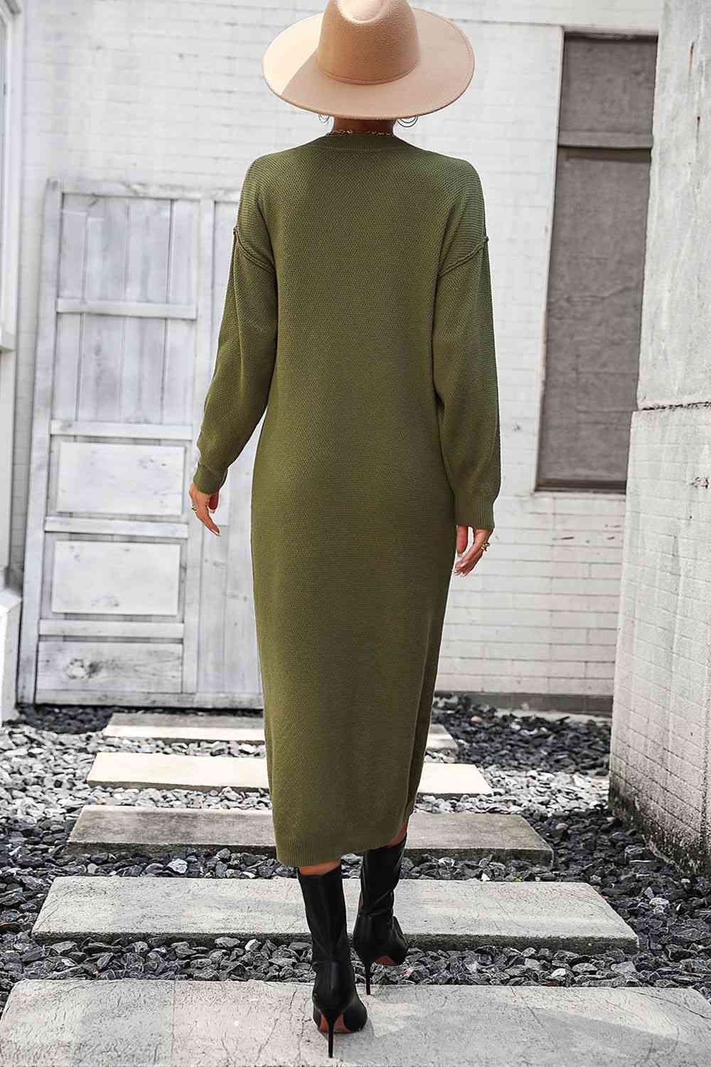 Notched Neck Dropped Shoulder Button-Down Midi Sweater Dress