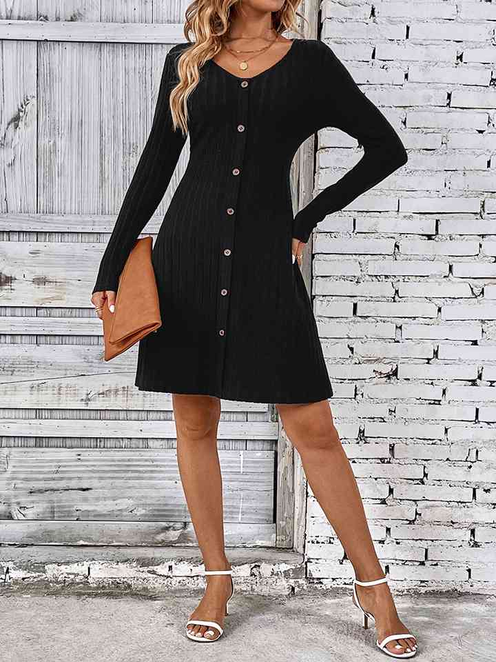 V-Neck Long Sleeve Mini Sweater Dress