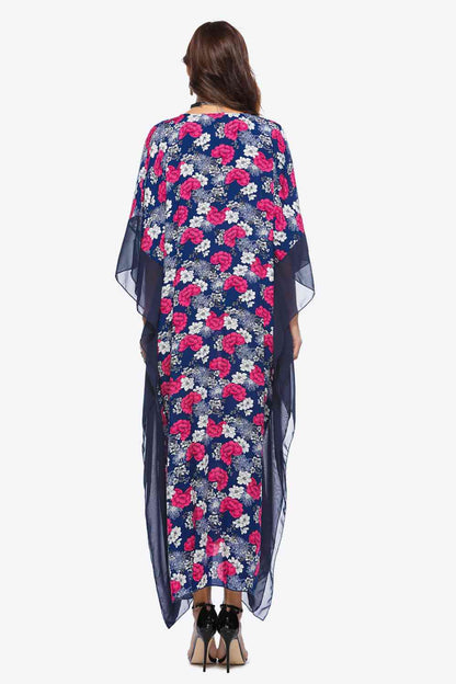 Floral Notched Neck Dolman Sleeve Maxi Dress