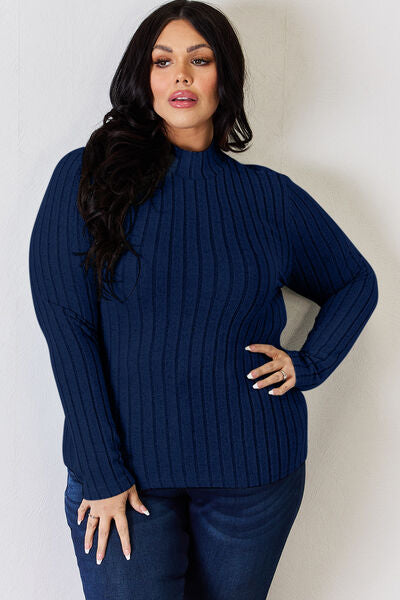 Full Size Ribbed Mock Neck Long Sleeve T-Shirt