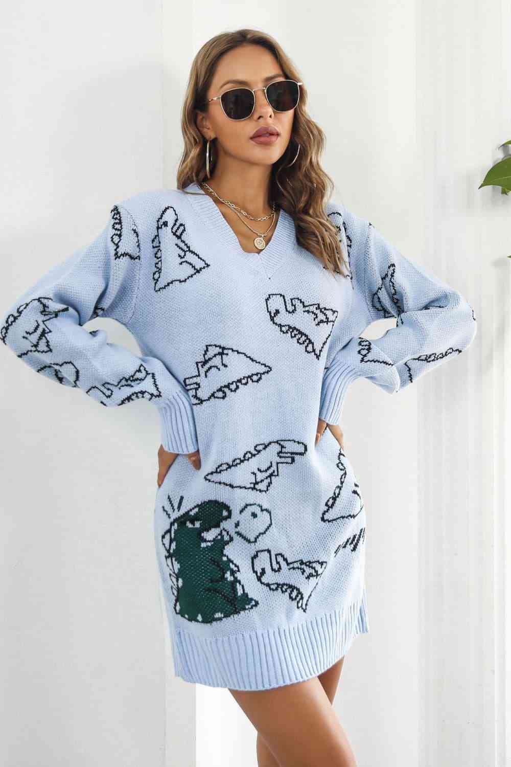 Dinosaur Pattern V-Neck Sweater Dress