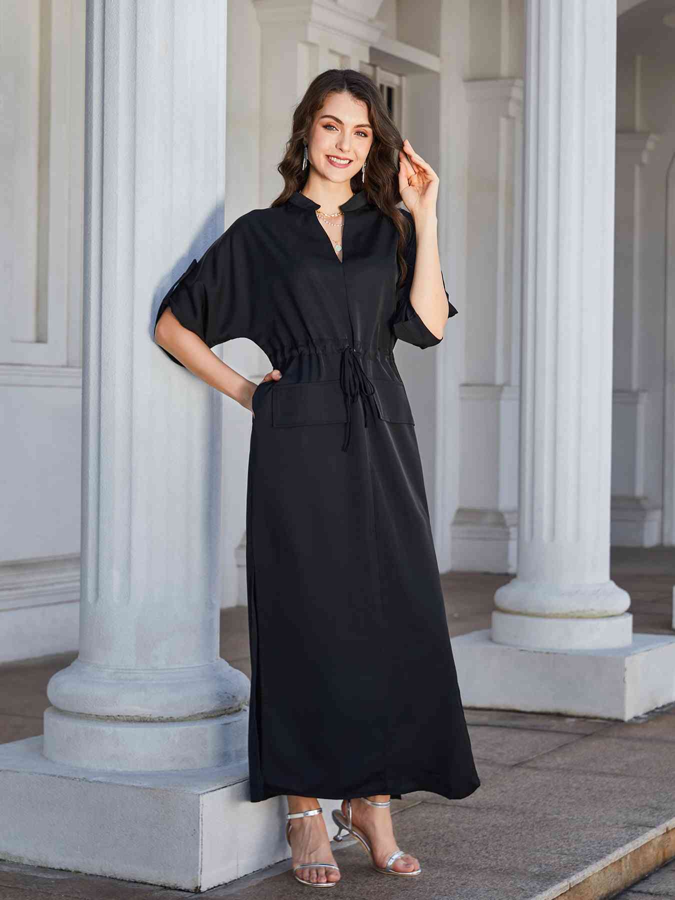 High Slit Roll-tab Sleeve Notched Neck Maxi Dress