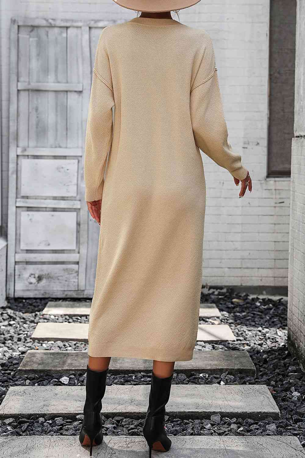 Notched Neck Dropped Shoulder Button-Down Midi Sweater Dress