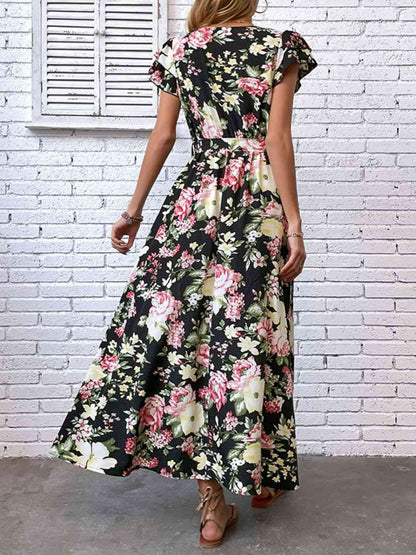 Floral Flutter Sleeve Tie-Waist Split Dress