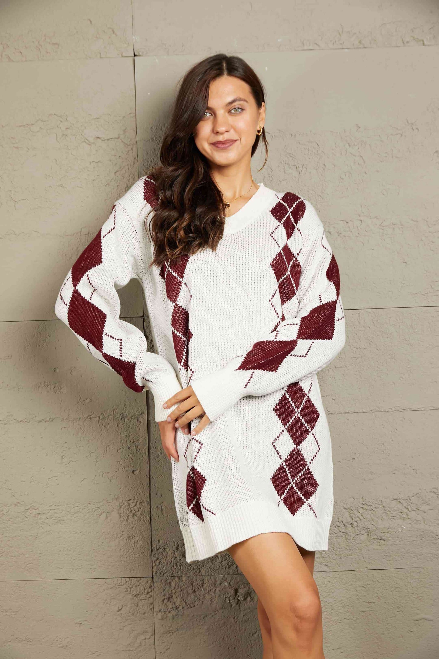 Argyle V-Neck Ribbed Trim Sweater Dress