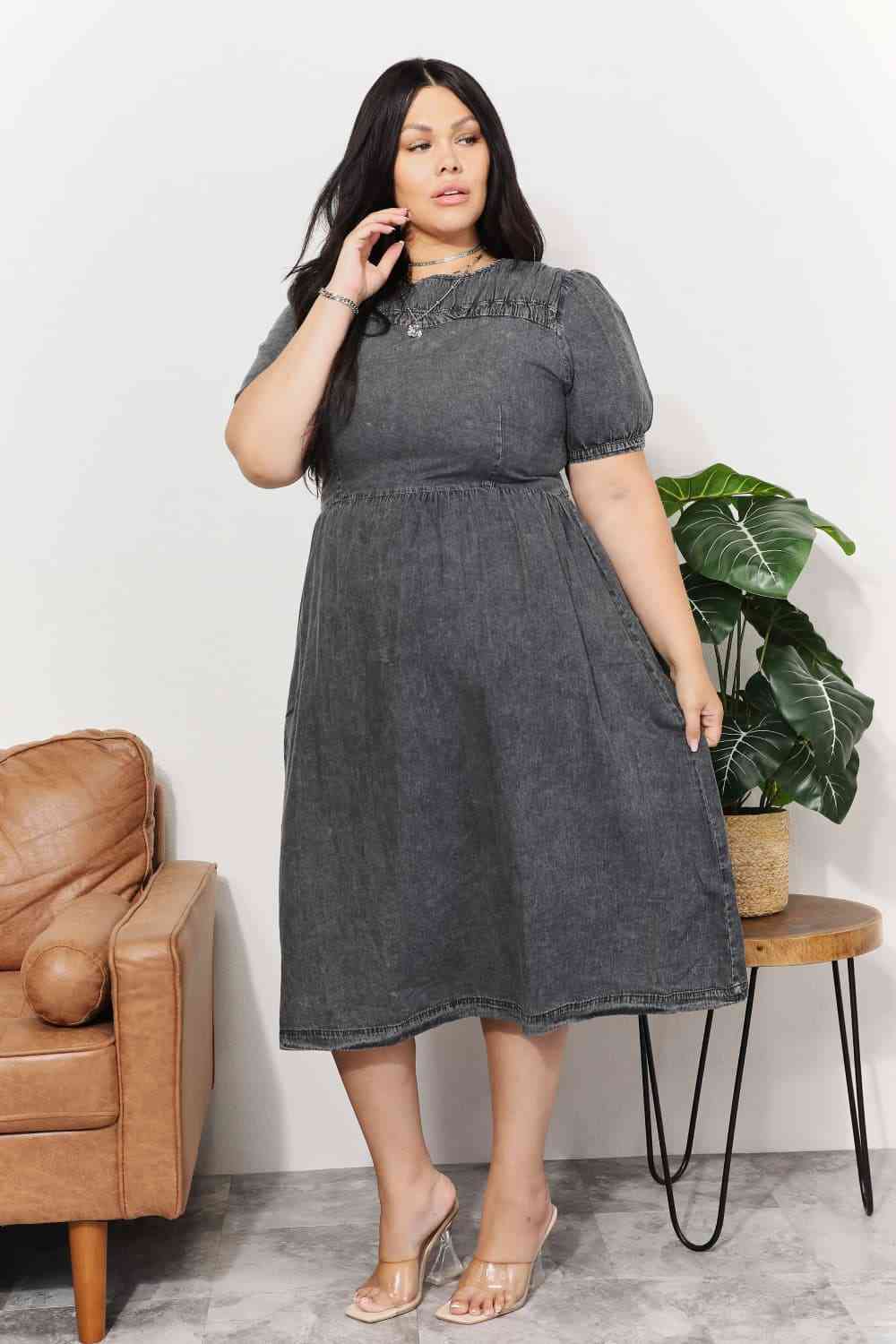 Full Size Washed Chambray Midi Dress