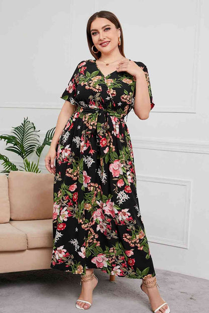 Plus Size Printed Surplice Short Sleeve Maxi Dress