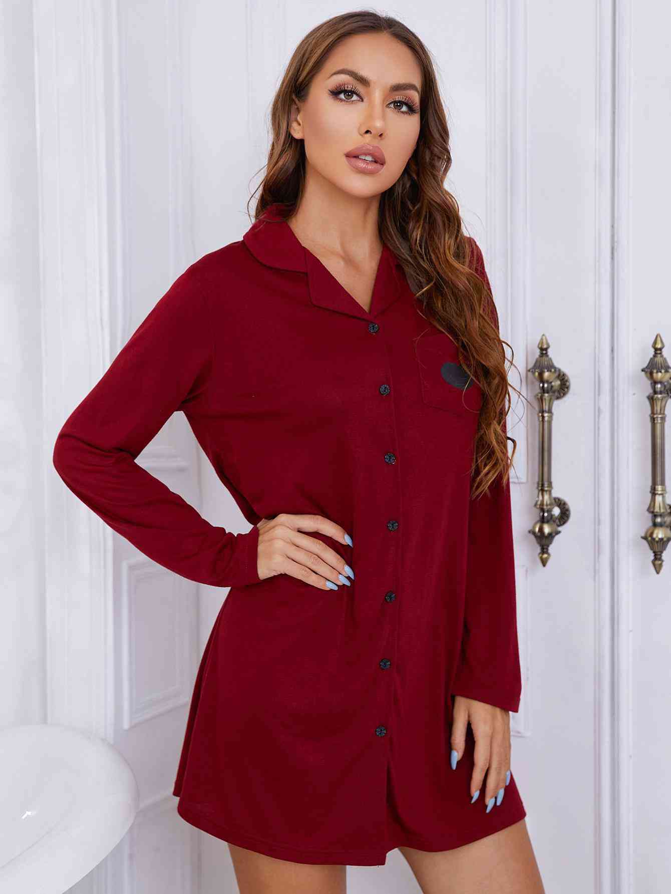 Lapel Collar Long Sleeve Night Dress