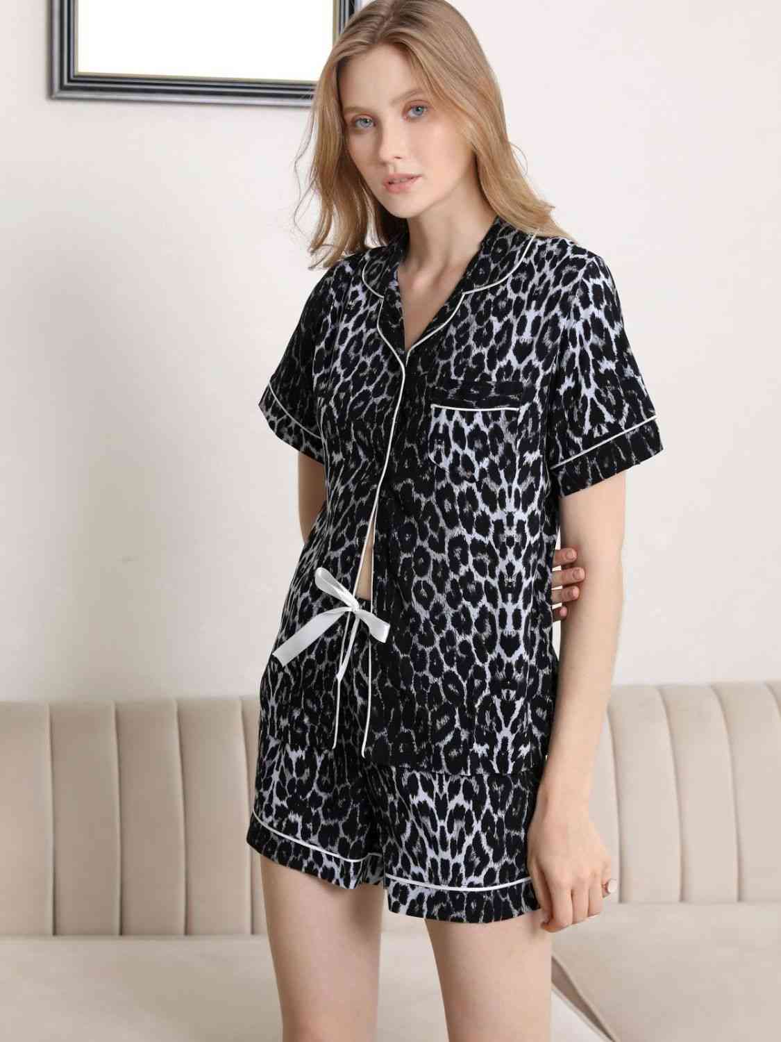 Lapel Collar Shirt and Shorts Pajama Set