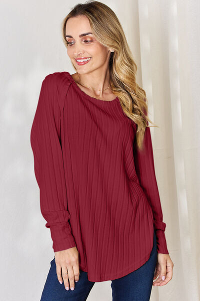 Full Size Ribbed Round Neck Slit T-Shirt