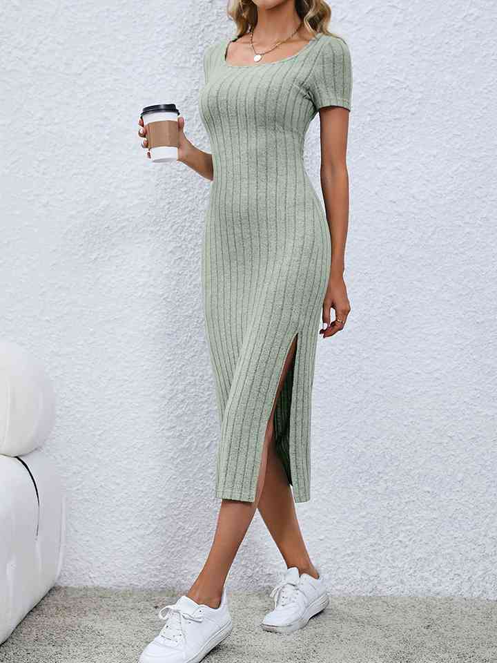 Short Sleeve Slit Midi Sweater Dress